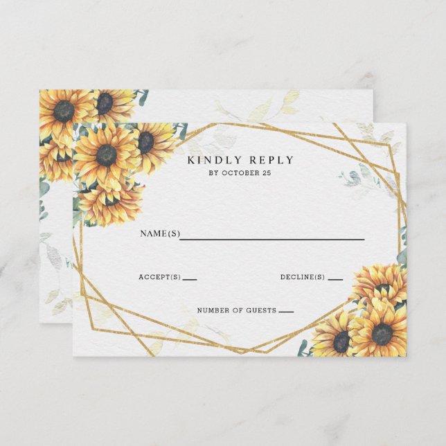 Sunflower Rustic Elegant Geometric Gold Wedding  RSVP Card (Front/Back)
