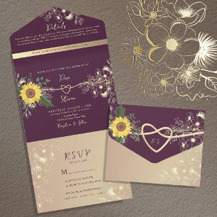Sunflower Rustic Elegant Purple Wedding All In One Invitation