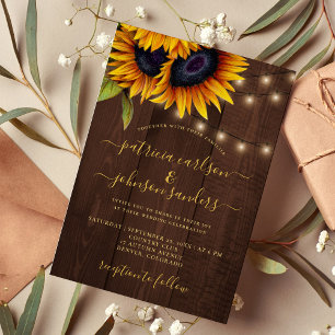 Sunflower rustic elegant script barn wood wedding invitation