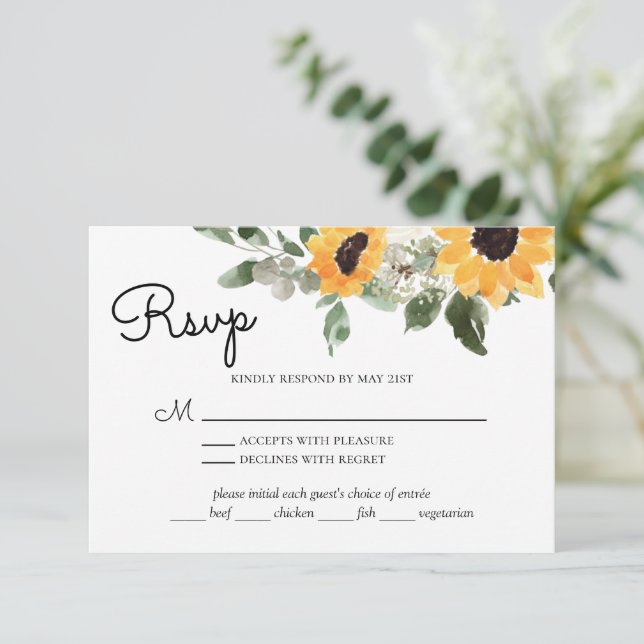 Sunflower Rustic Eucalyptus With Meal Choice RSVP Card (Standing Front)