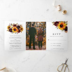 Sunflower Rustic Fall Floral Photo Elegant Wedding Tri-Fold Invitation