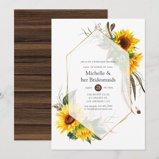 Sunflower Rustic Geometric Bridesmaids Luncheon Invitation (Front/Back)