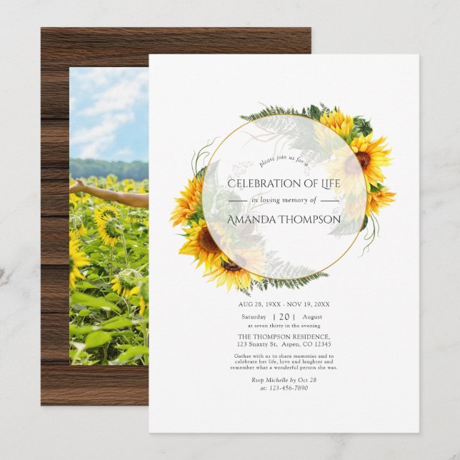 Sunflower Rustic Geometric Celebration of Life Invitation (Front/Back)
