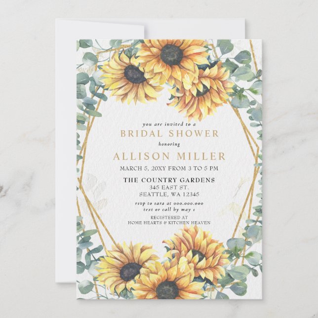 Sunflower Rustic Geometric Gold Bridal Shower Invitation (Front)