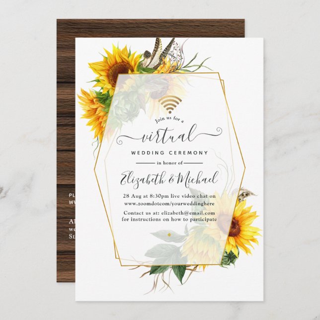 Sunflower Rustic Geometric Online Virtual Wedding Invitation (Front/Back)