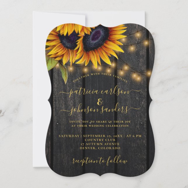 Sunflower rustic gold elegant barn wood wedding invitation (Front)