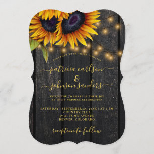 Sunflower rustic gold elegant barn wood wedding invitation