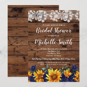 Sunflower Rustic Lace Country Blue Bridal Shower Invitation