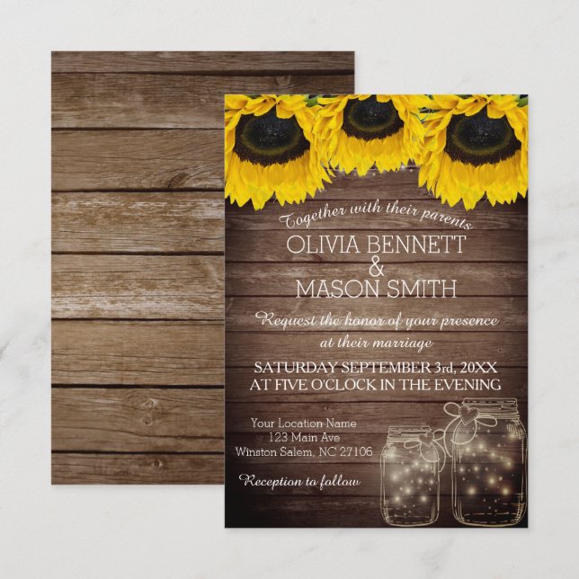 Sunflower Rustic Mason Jar lit Wedding Invitation (Front/Back)