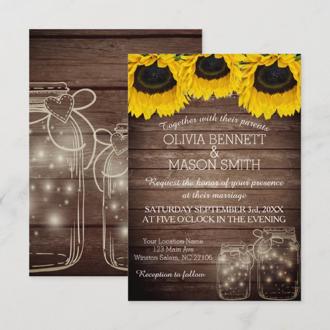Sunflower Rustic Mason Jar lit Wedding Invitation (Front/Back)