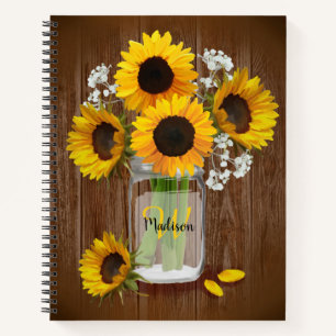 Sunflower Rustic Mason Jar Monogram Notebook