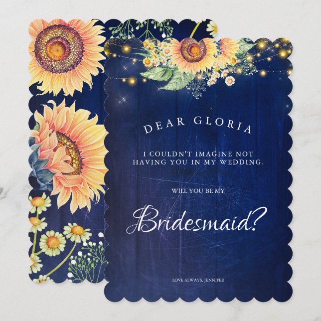 Sunflower Rustic Navy Blue Bridesmaid Proposal Invitation (Front/Back)