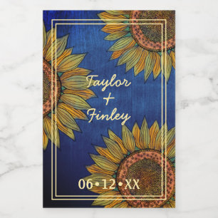 Sunflower Rustic Navy Blue Personalised Wedding Wine Label