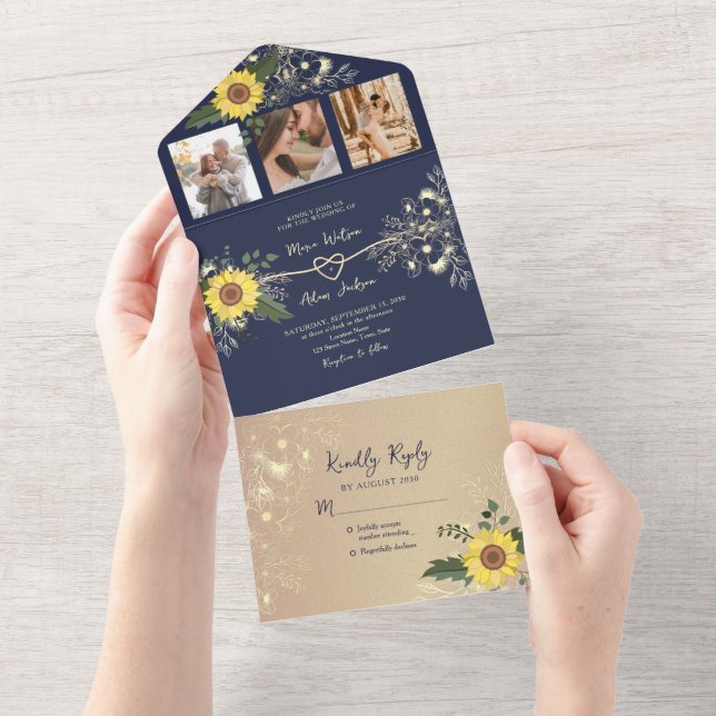 Sunflower Rustic Navy Blue Wedding All In One Invitation (Tearaway)