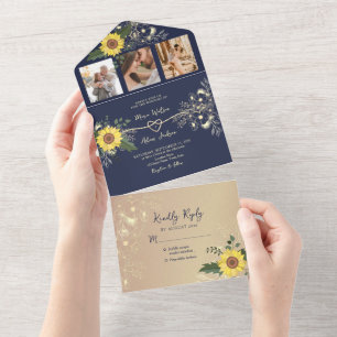 Sunflower Rustic Navy Blue Wedding All In One Invitation