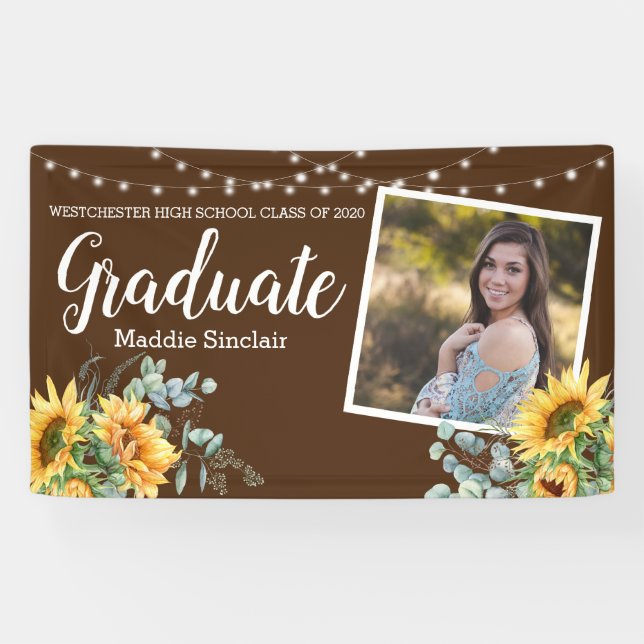 Sunflower Rustic Photo String Lights Graduation Banner (Horizontal)