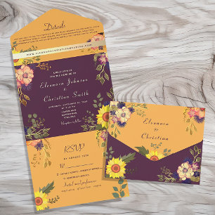 Sunflower Rustic Purple Wedding All In One Invitation