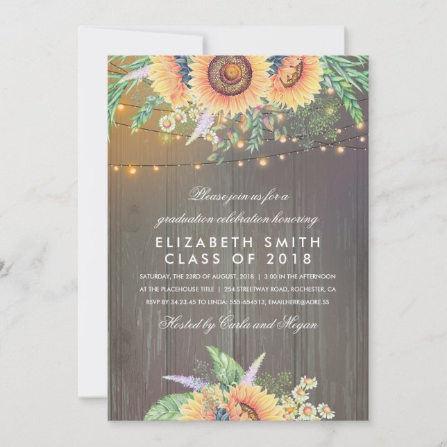 Sunflower Rustic String Lights Graduation Party Invitation (Front)