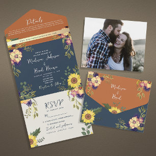 Sunflower Rustic Terracotta and Navy Blue Wedding All In One Invitation