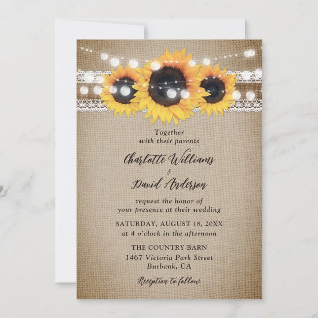 Sunflower Rustic Vintage Burlap Lace Wedding Invitation (Front)