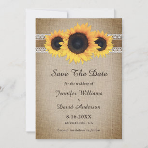 Sunflower Rustic Vintage Burlap Lace Wedding Save The Date