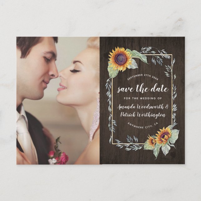 Sunflower Rustic Watercolor Save The Date Cards (Front)