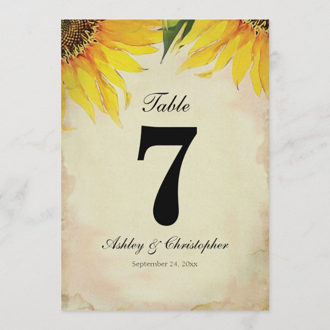 Sunflower Rustic Wedding Reception Table Number (Back)