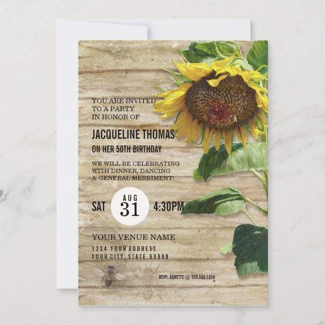 Sunflower Rustic Wood Bee Hive Birthday Party Invitation (Front)