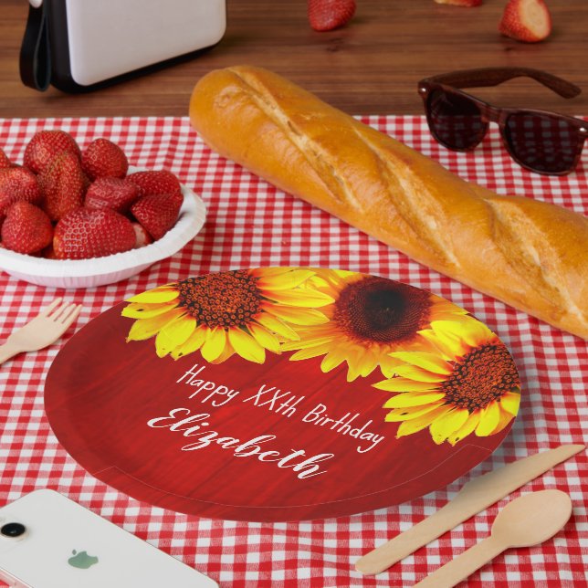 Sunflower Rustic Wood Birthday Paper Plate (Picnic)