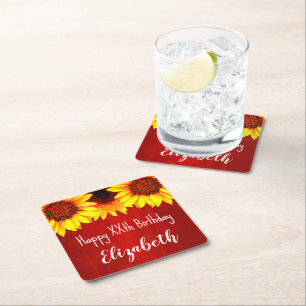 Sunflower Rustic Wood Birthday Square Paper Coaster