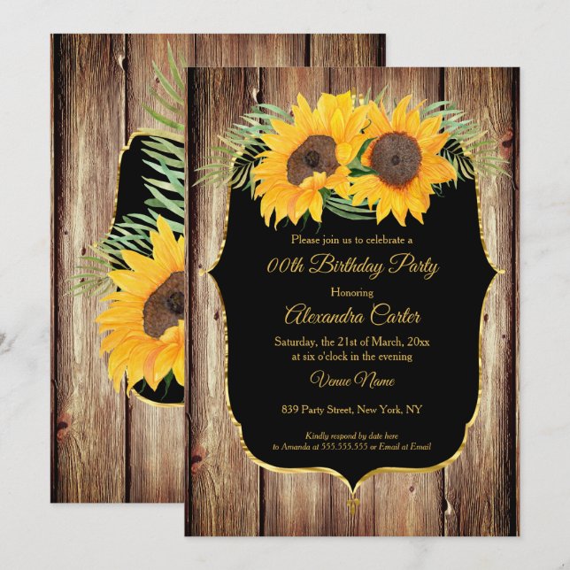 Sunflower rustic wood Black gold party Invitation (Front/Back)