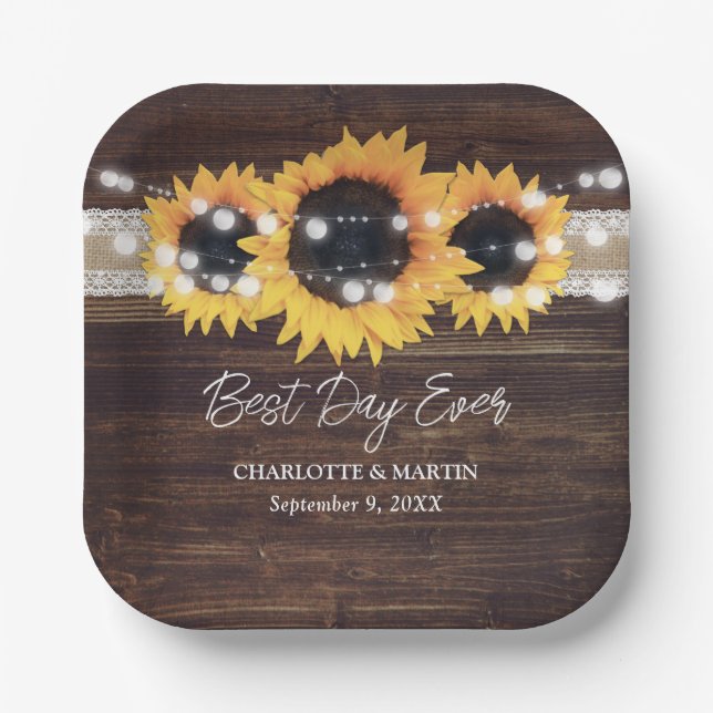 Sunflower Rustic Wood Burlap Lace Wedding Paper Plate (Front)