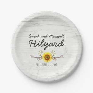 Sunflower & Rustic Wood Farm Country Wedding Paper Plate