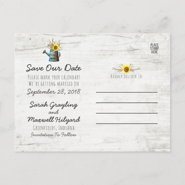 Sunflower & Rustic Wood Farm Wedding Save The Date Announcement Postcard (Back)