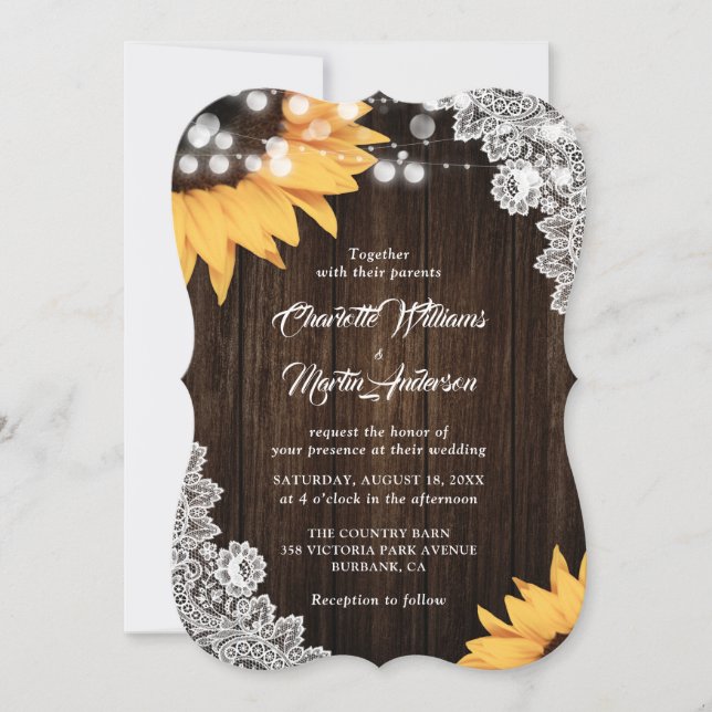 Sunflower Rustic Wood Floral Lace Wedding Invitation (Front)