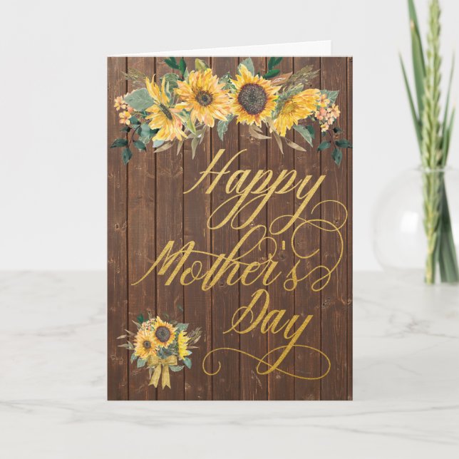 Sunflower Rustic Wood Gold Script Mother's Day Card (Front)