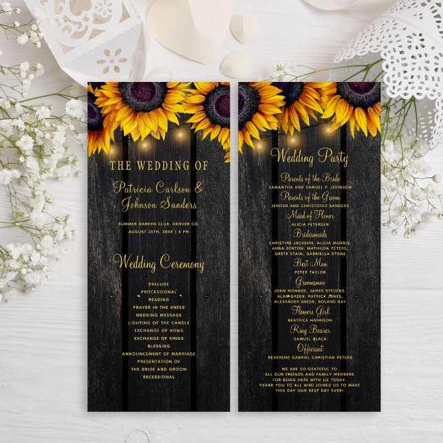 Sunflower rustic wood gold script wedding program invitation (Creator Uploaded)