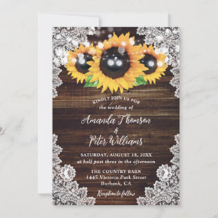 Sunflower Rustic Wood Lace String Lights Wedding Invitation