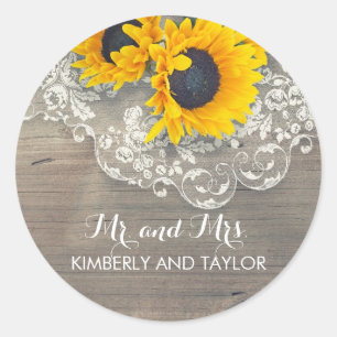 Sunflower Rustic Wood Lace Wedding Monogram Classic Round Sticker
