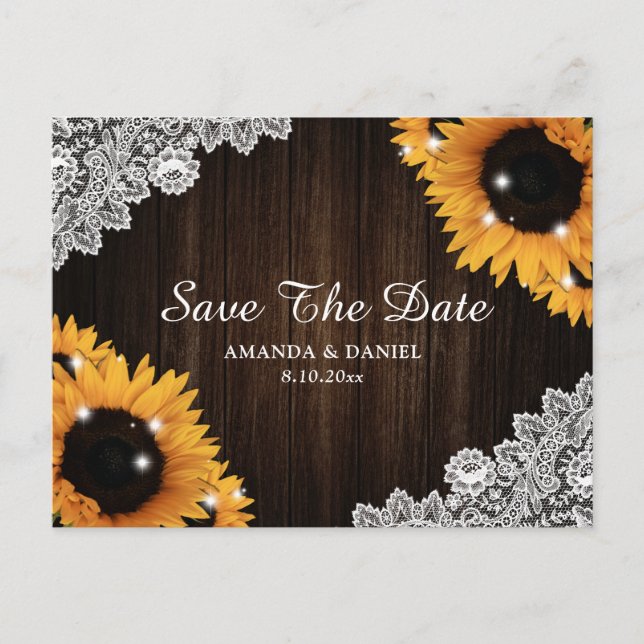 Sunflower Rustic Wood Lace Wedding Save The Date Announcement Postcard (Front)