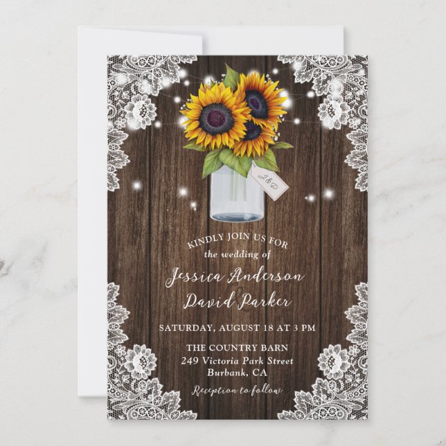 Sunflower Rustic Wood Mason Jar Wedding Invitation (Front)