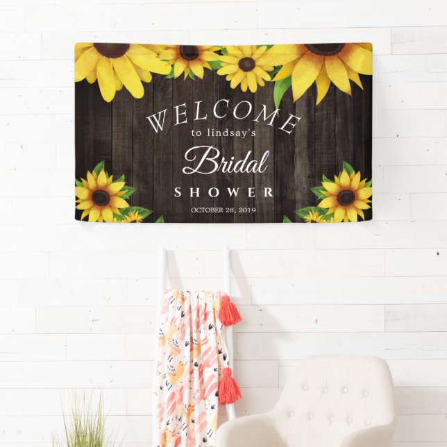 Sunflower Rustic Wood String Lights Bridal Shower Banner (Insitu)