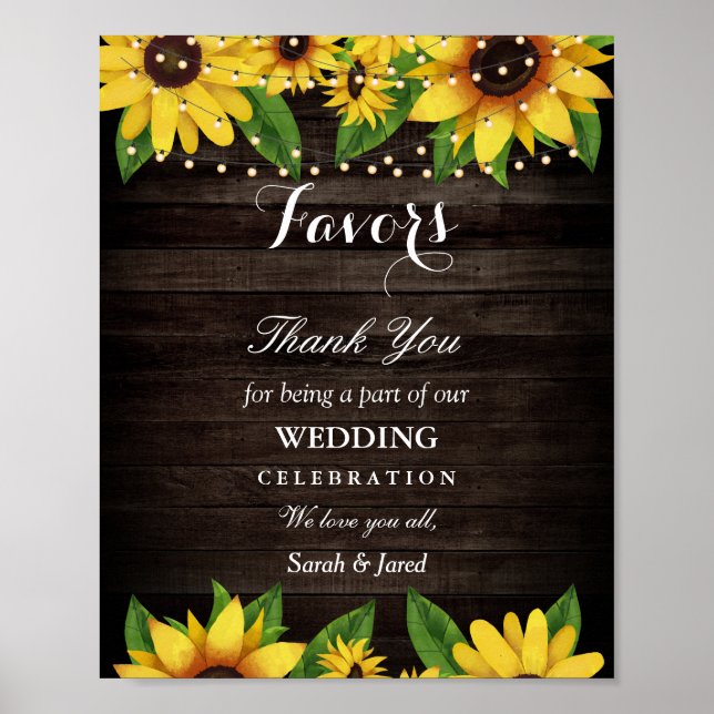 Sunflower Rustic Wood String Lights Wedding Favour Poster (Front)