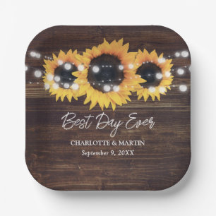 Sunflower Rustic Wood String Lights Wedding Paper Plate