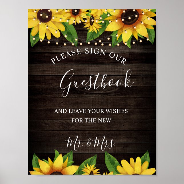 Sunflower Rustic Wood String Wedding Guestbook (Front)