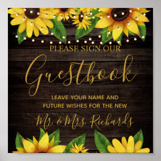 Sunflower Rustic Wood String Wedding Guestbook