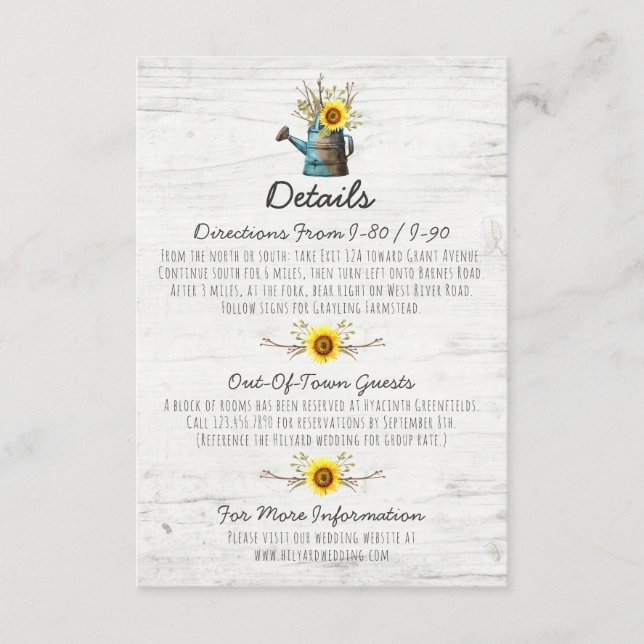 Sunflower Rustic Wood Wedding Details / Directions Enclosure Card (Front)