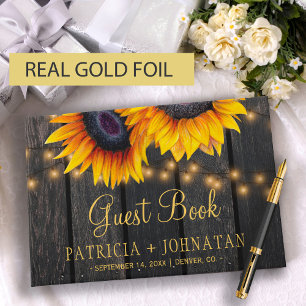 Sunflower rustic wood wedding guest book
