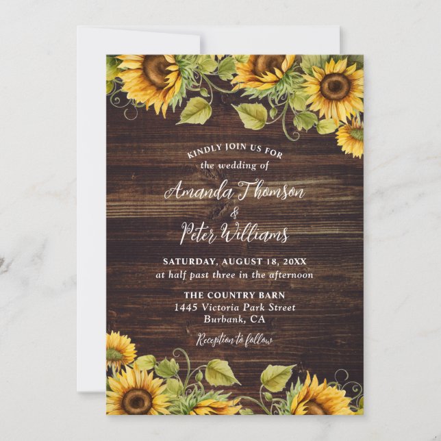Sunflower Rustic Wood Wedding Invitation (Front)
