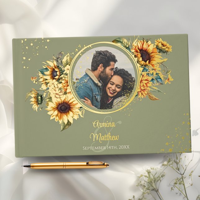 Sunflower Sage Green Elegant Photo Gold Guest Book (Creator Uploaded)